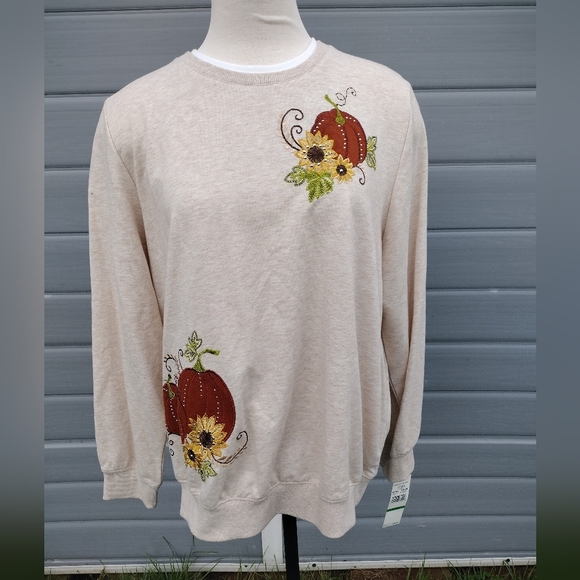 Alfred Dunner L Ivory Autumn Embroidered Pullover Sweatshirt Top NWT - Picture 1 of 9
